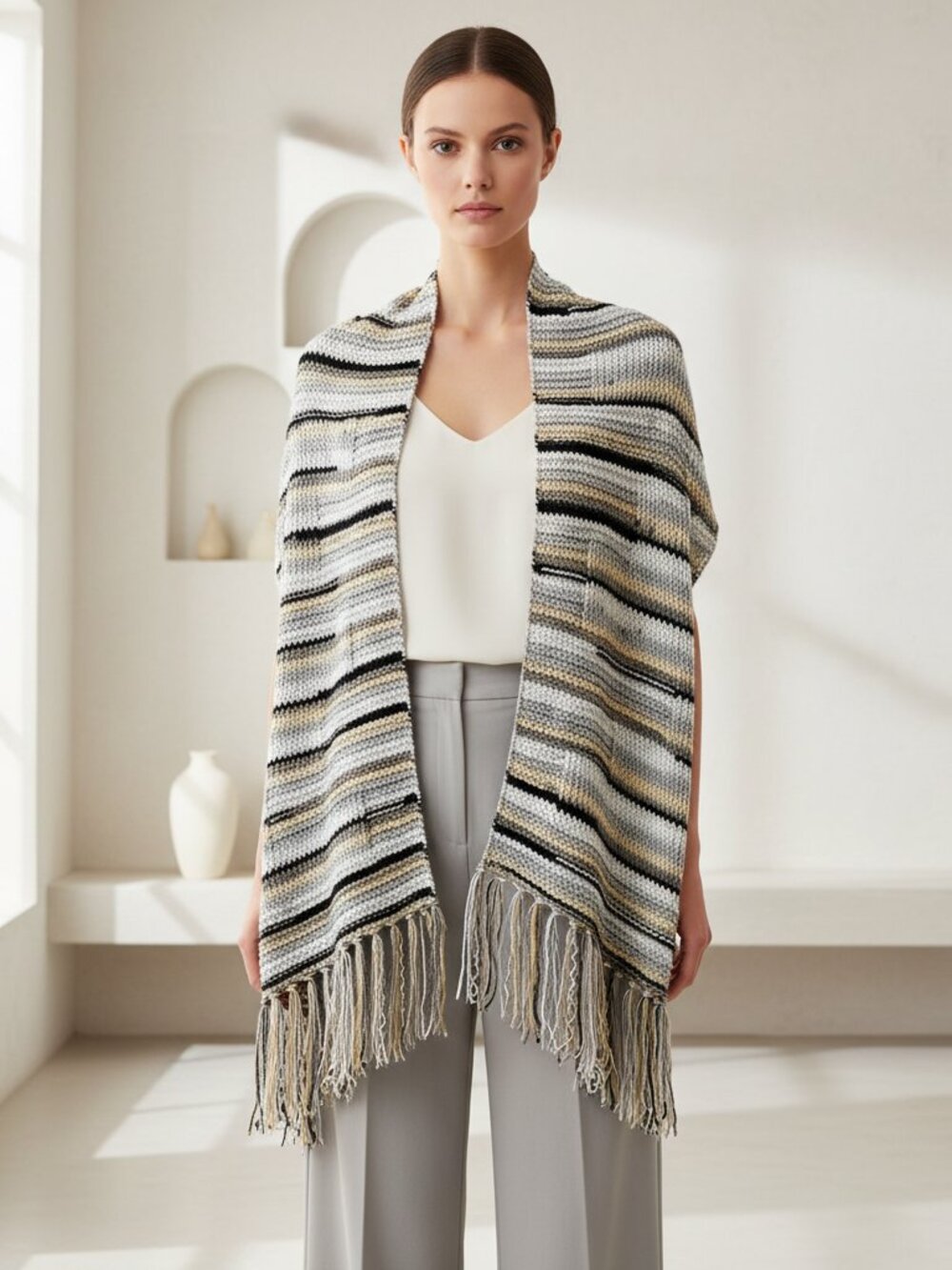 NEW Gray Black Beige White Hand Knitted Shawl Wrap Boho Fringe Cottage Western